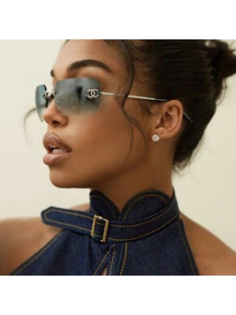 Chanel Vintage Sunglasses Rhinestone Crystal CC Logo Rimless Gradient Blue - Picture 3 of 10
